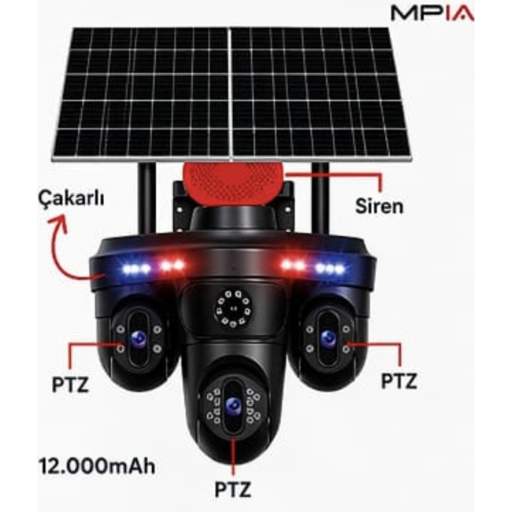 4 Kameralı Sim Kartlı 4G 16 MP 4 Lens Hatlı 3 PTZ Çift Solar Panelli Güvenlik Kamerası